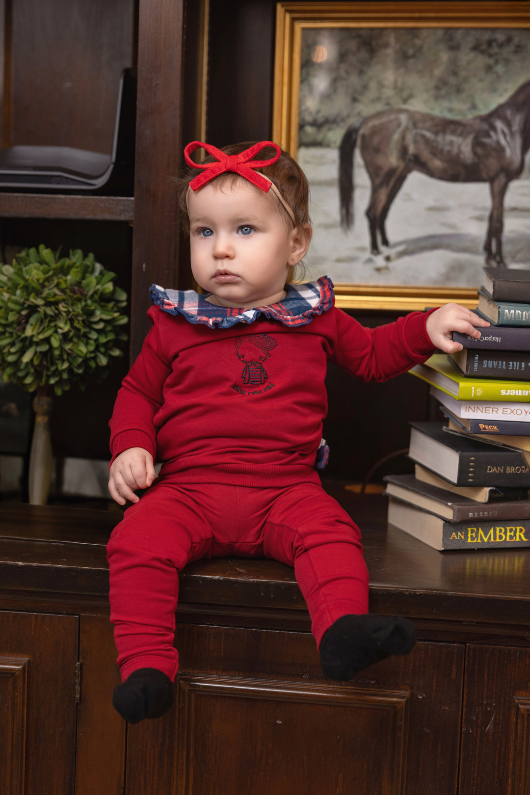 set outfit plaid ruffle collared sweatshirt and leggings - red