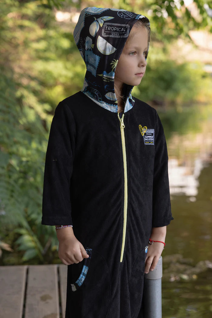 bathrobe postcard color trim half zip terry with hood - black