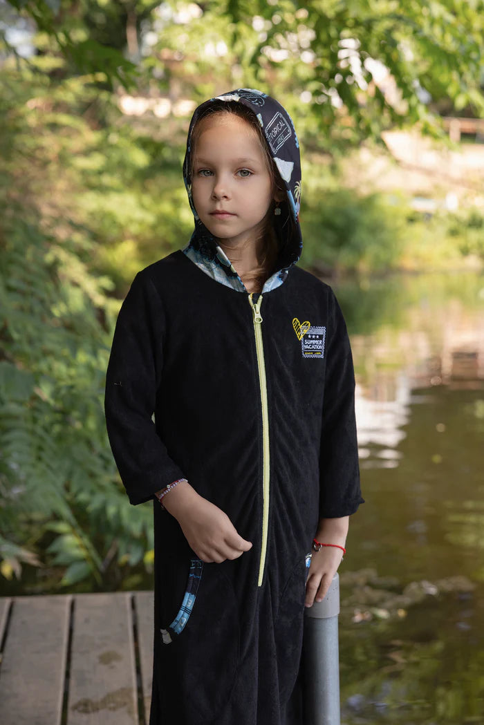 bathrobe postcard color trim half zip terry with hood - black