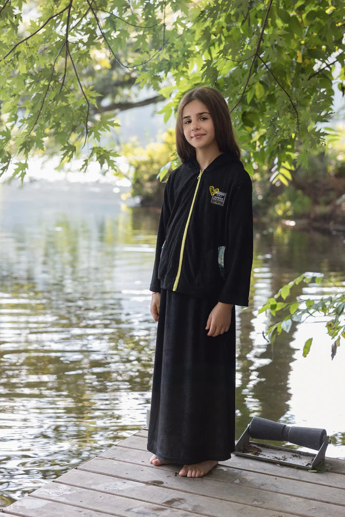 bathrobe 2 pc postcard color trim terry zip up and skirt - black