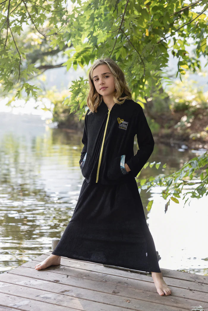 bathrobe 2 pc postcard color trim terry zip up and skirt - black
