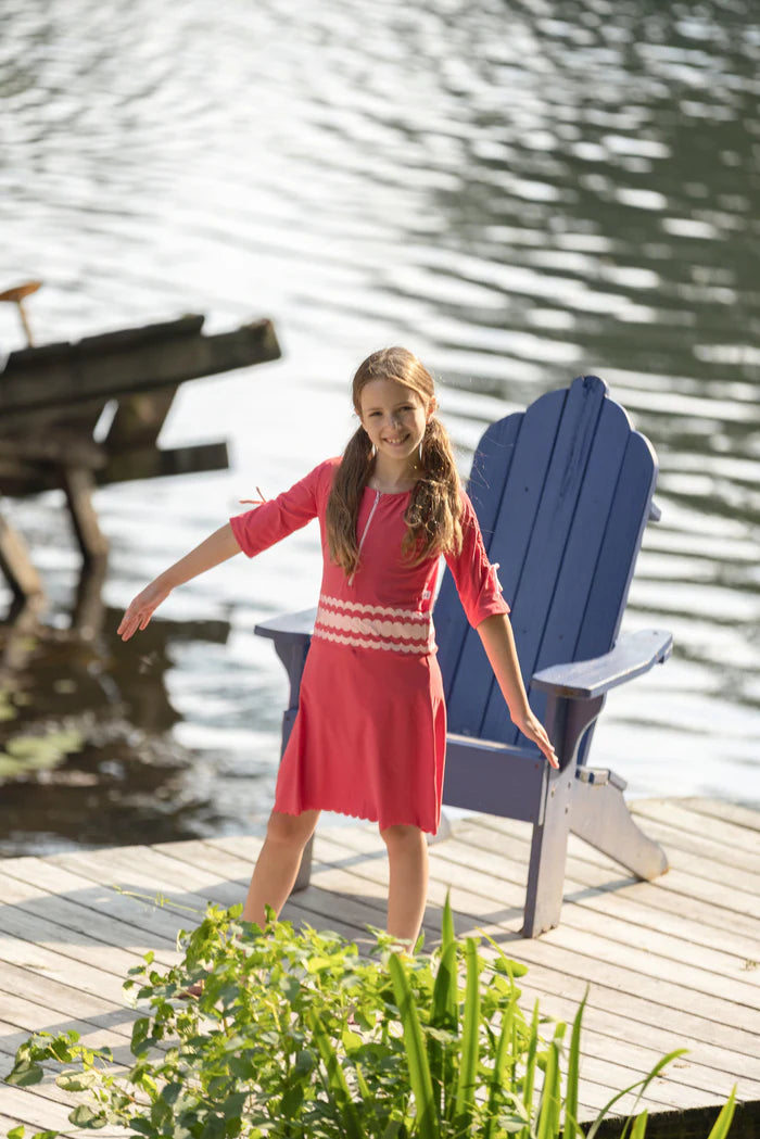 swimdress scalloped detail half zip - hot pink