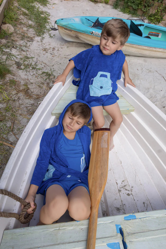 bathrobe scalloped edge terry poncho with pocket - royal blue