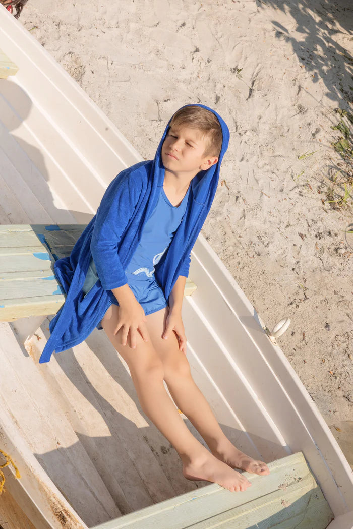 bathrobe contrast pockets terry tie with hood - royal blue