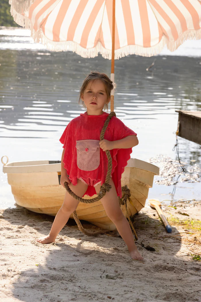 bathrobe scalloped edge terry poncho with pocket - hot pink