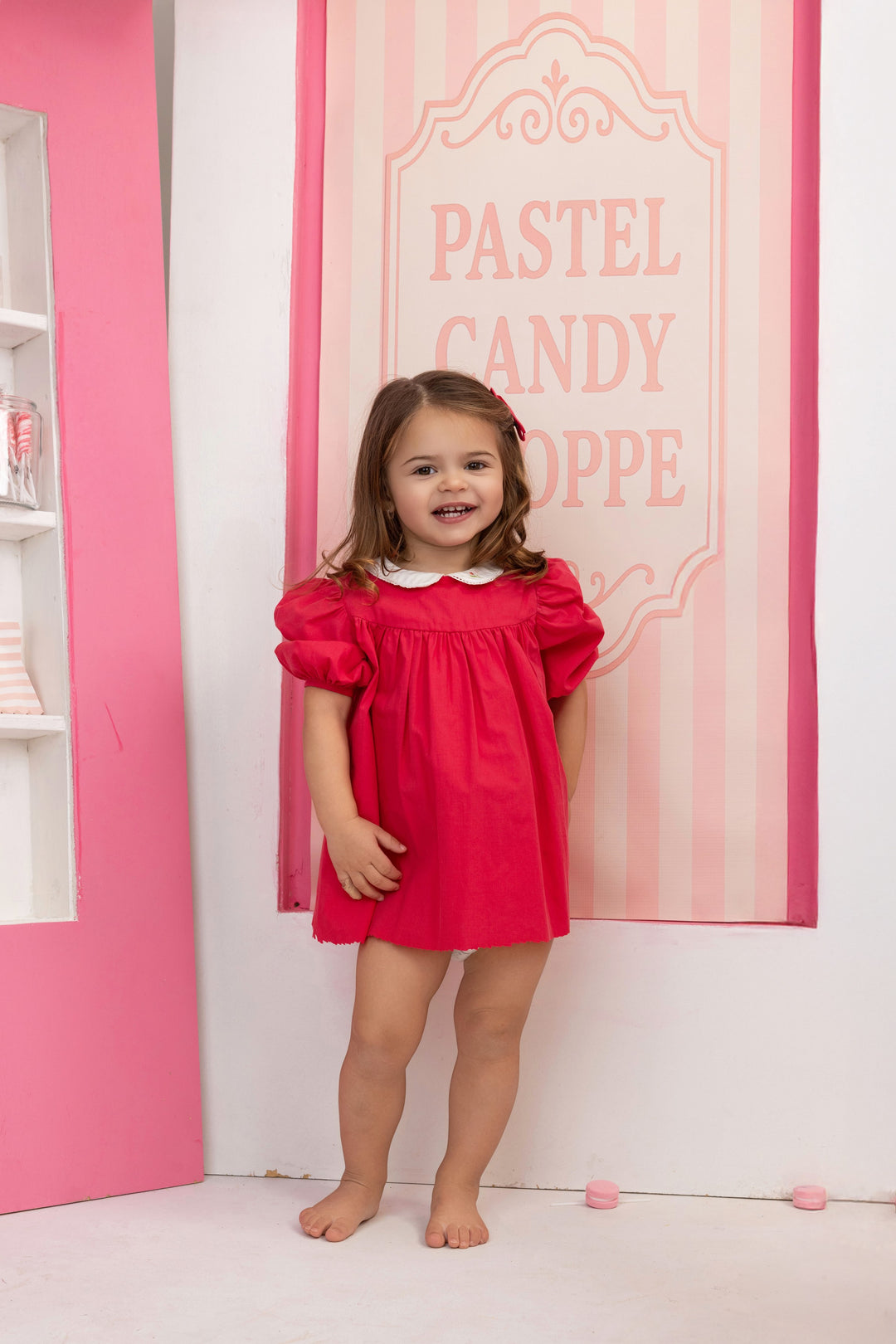 embroidered collar high yoke dress - hot pink