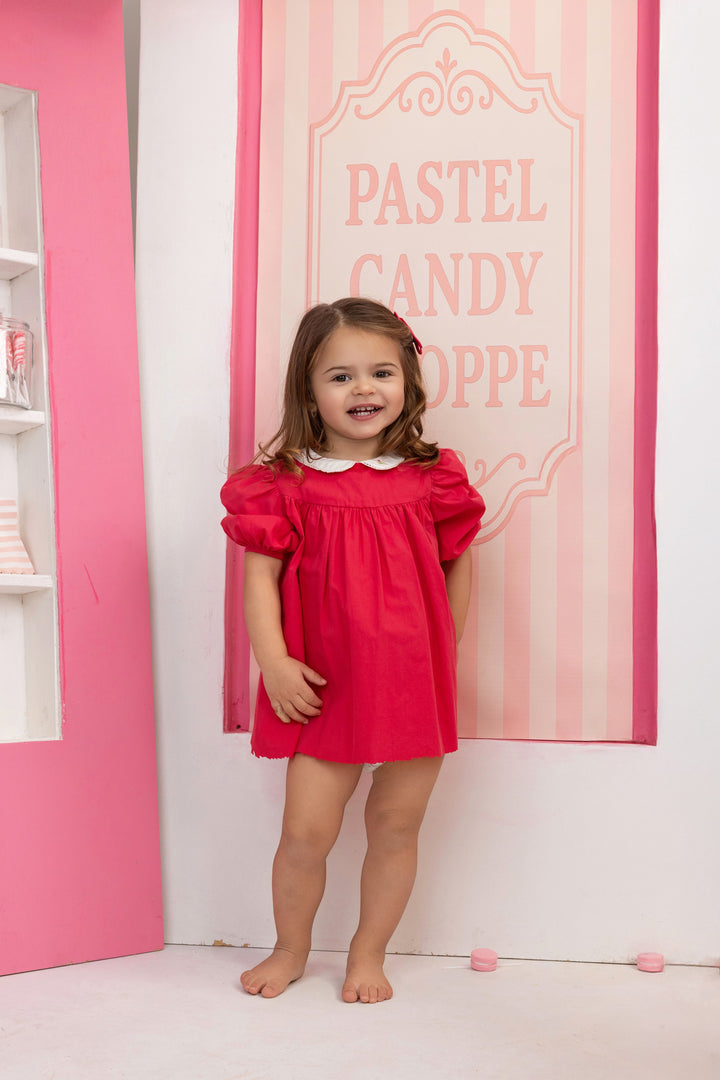 embroidered collar high yoke dress - hot pink