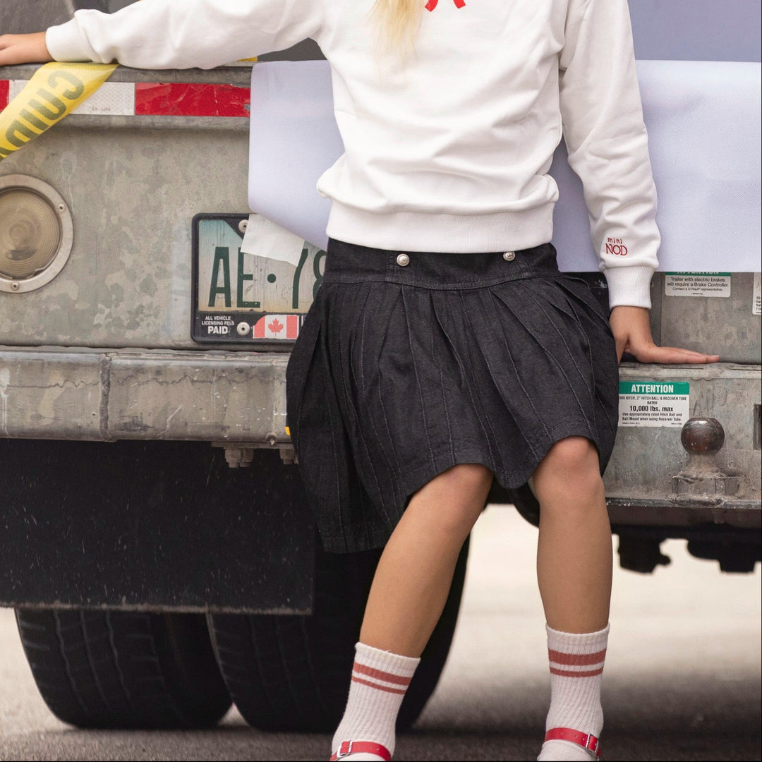 skirt denim pleated color stitching - black denim-110