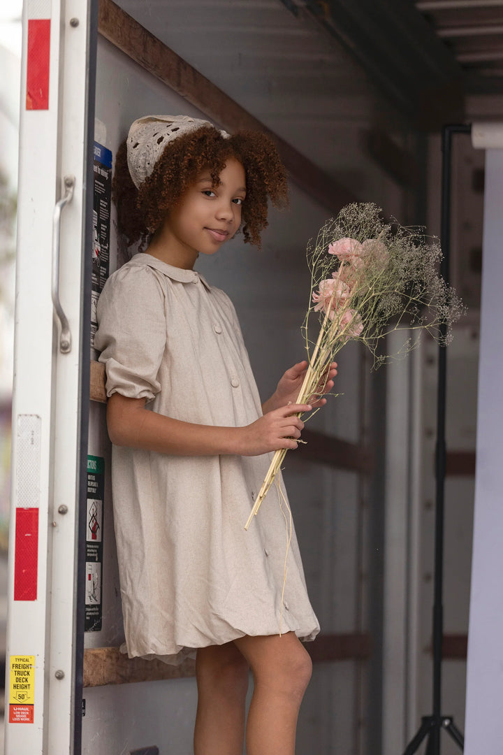 dress linen button down bubble - beige-150