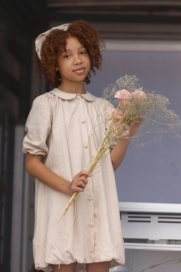 dress linen button down bubble - beige-150