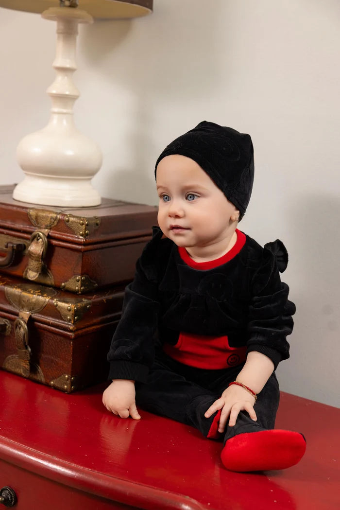 footie velour sleepy smiles with beanie - black/red