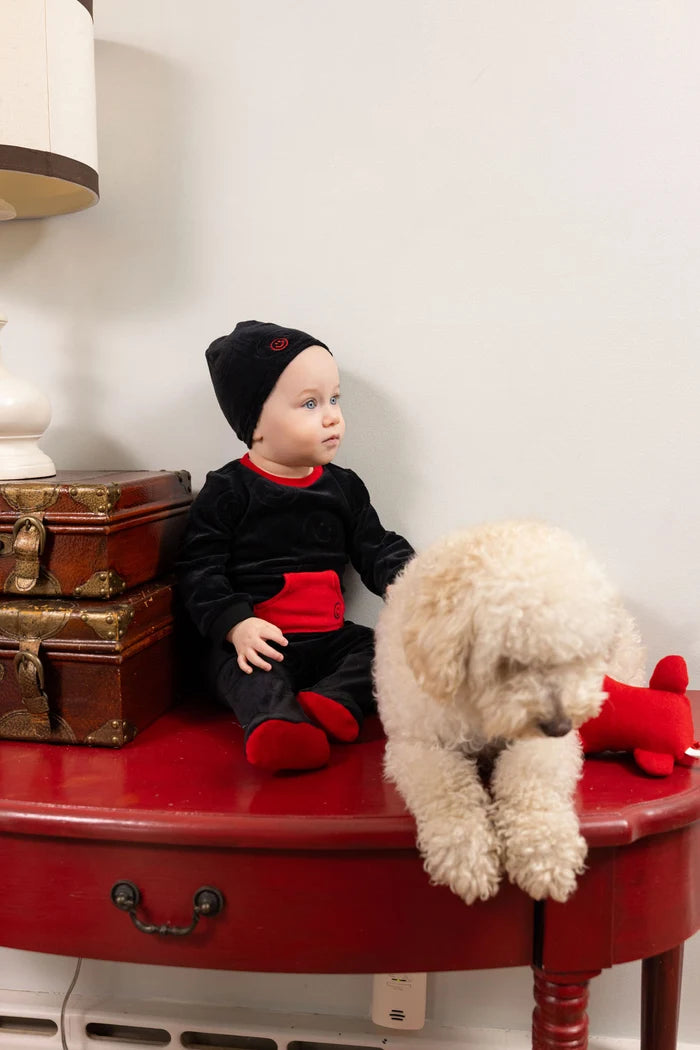 footie velour sleepy smiles with beanie - black/red