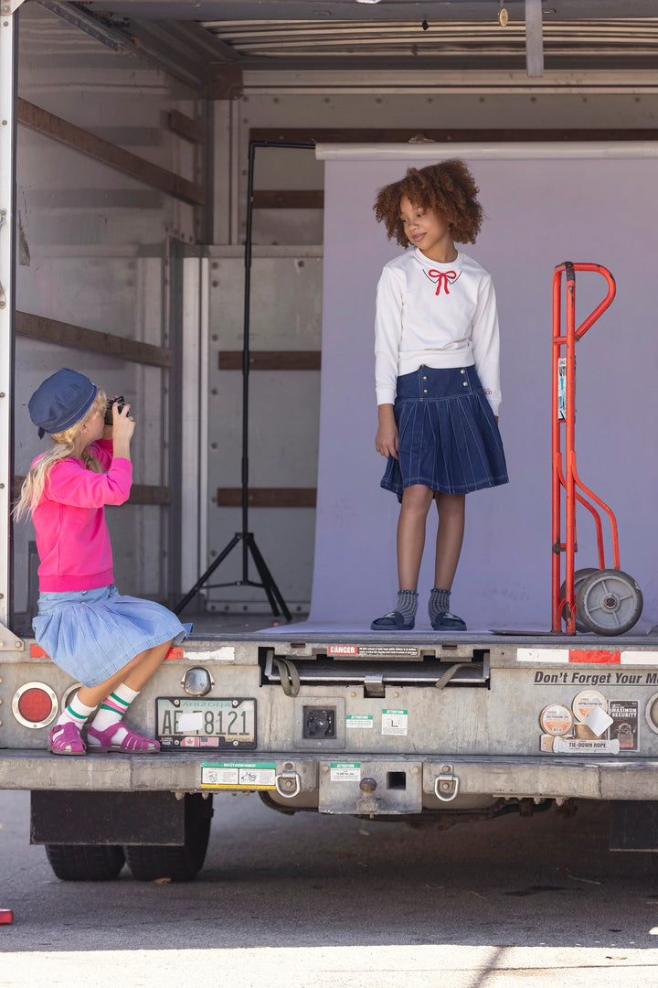 skirt denim pleated color stitching - nvy ble wsh dnim-430