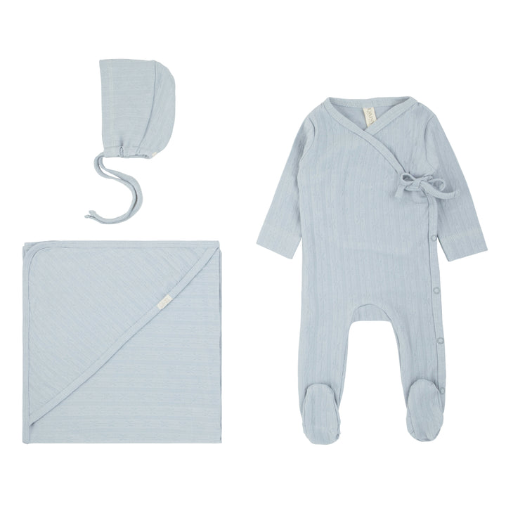 set footie pointelle wrap footie with bonnet and blanket - dusty blue
