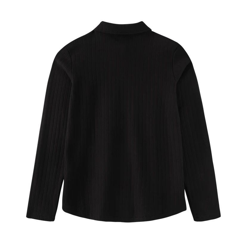 tee l/s ribbed button collar - black