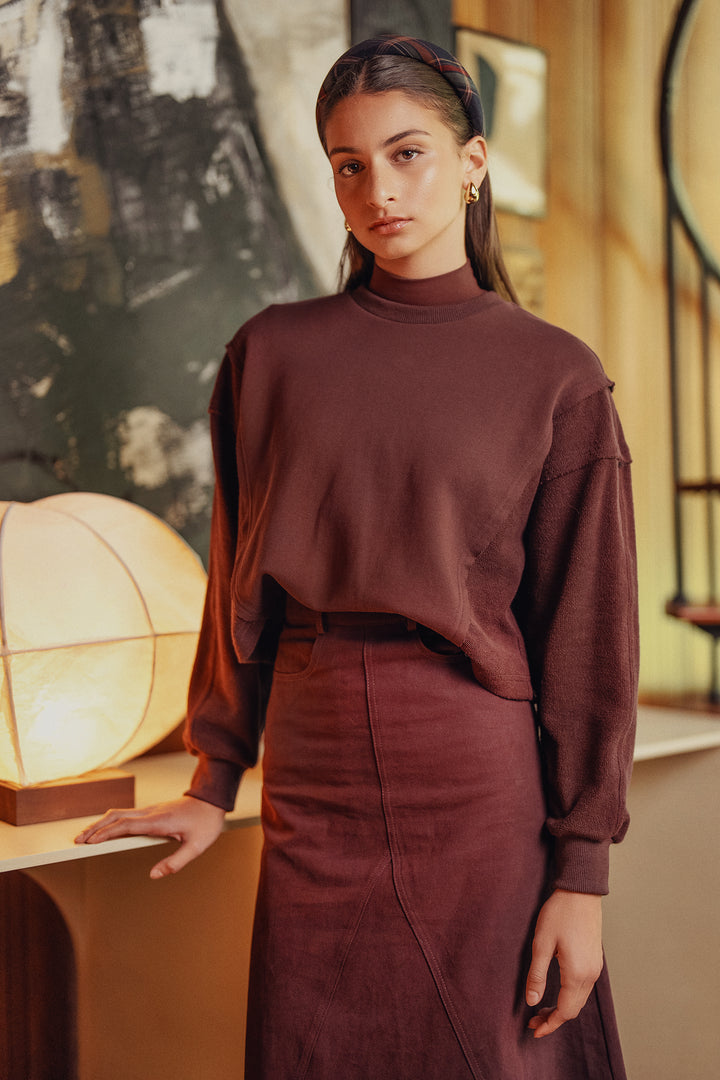 top l/s cropped raw edge sweatshirt - burgundy