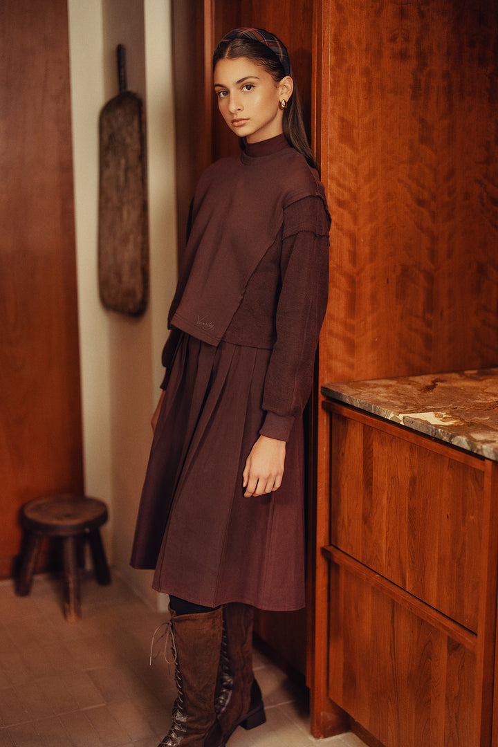 top l/s cropped raw edge sweatshirt - burgundy