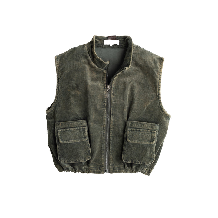 vest washed corduroy zip up with pockets - moss green