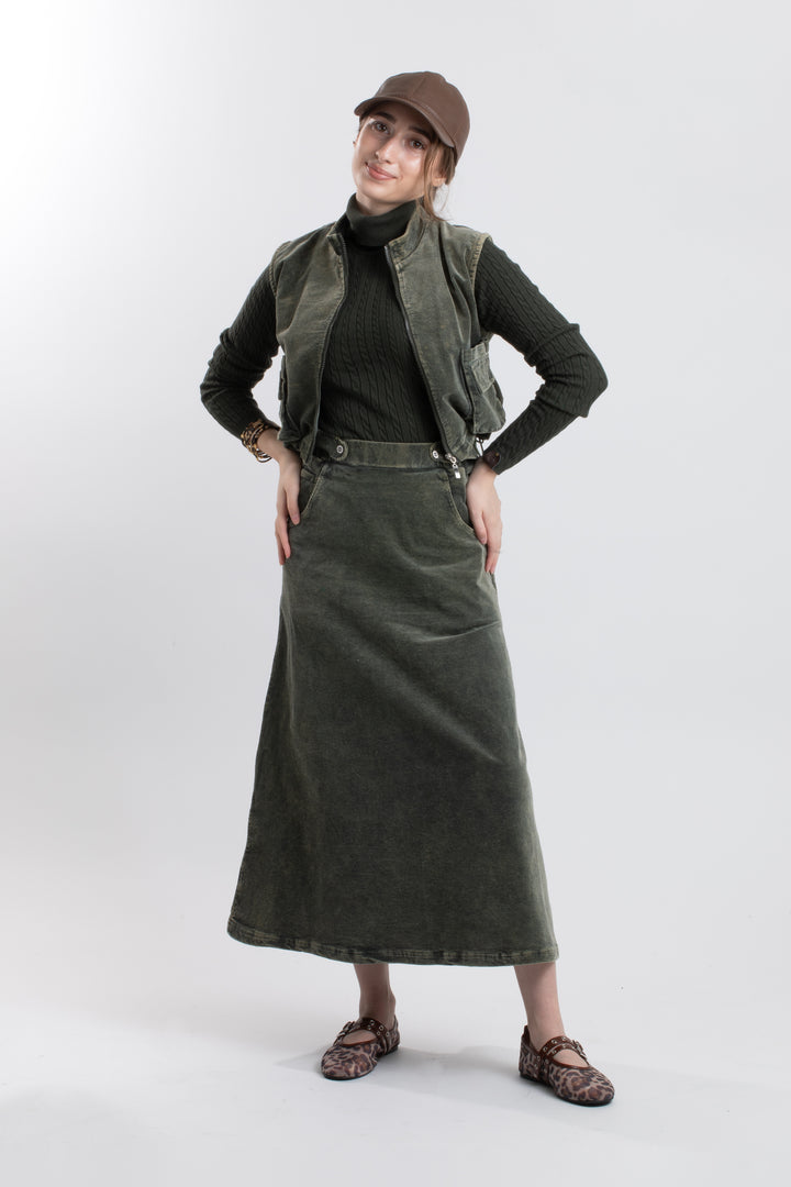 vest washed corduroy zip up with pockets - moss green