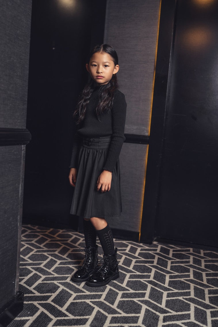 skirt taffeta circle with double buckle - black