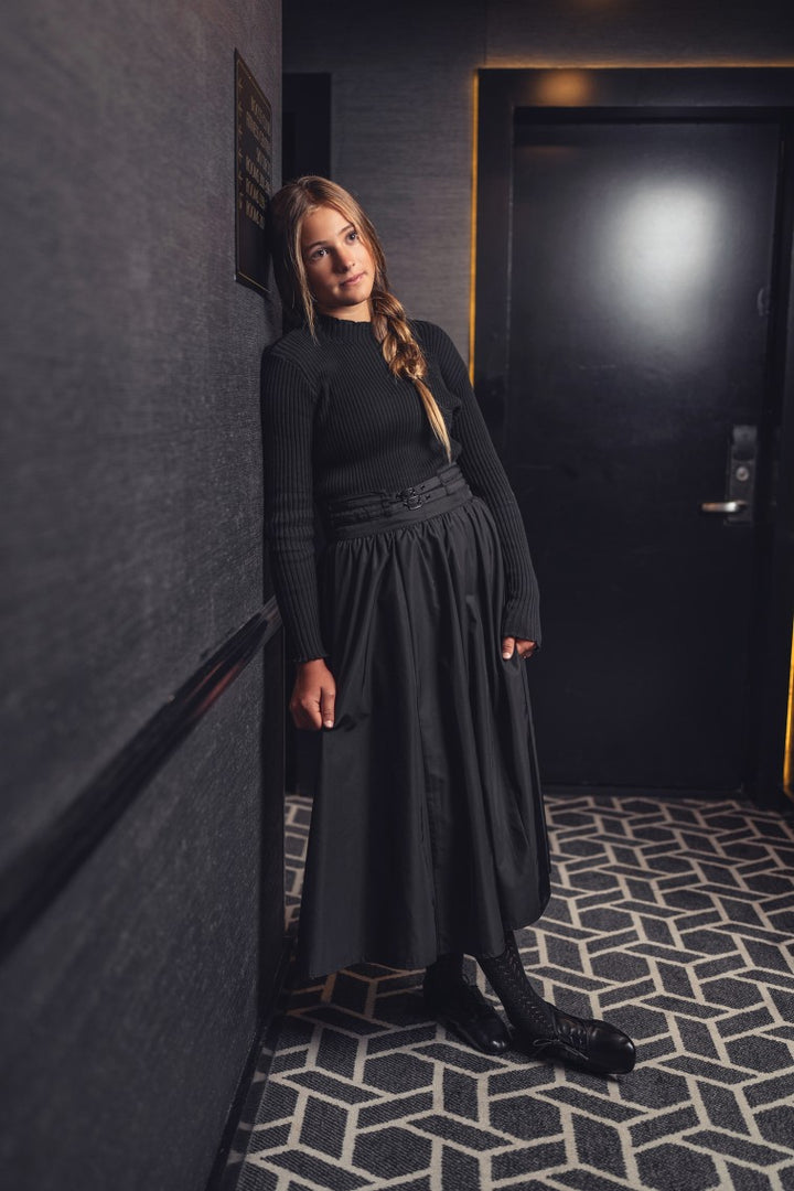 skirt midi taffeta circle with double buckle - black