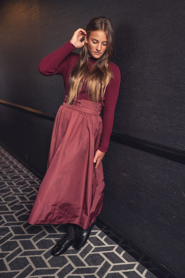skirt midi taffeta circle with double buckle - wine