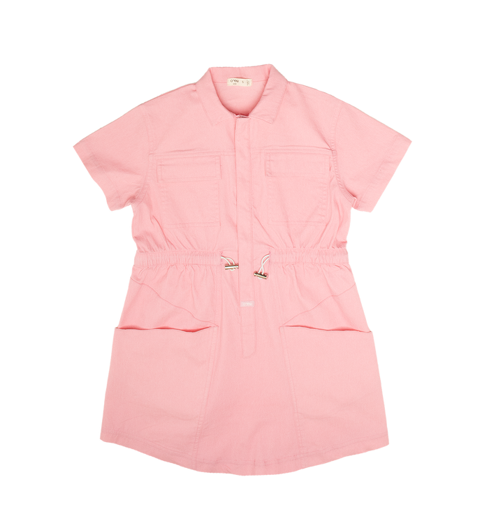dress s/s denim pocket with drawstring waist - pink
