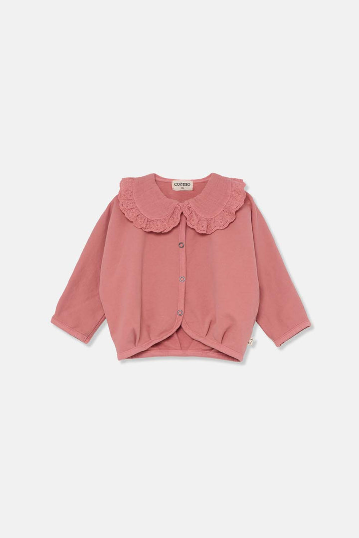 top l/s cardigan with gauze collar - rose