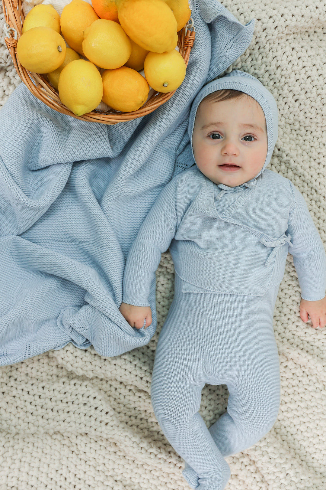 one piece footie knit with wrap cardigan and bonnet - blue