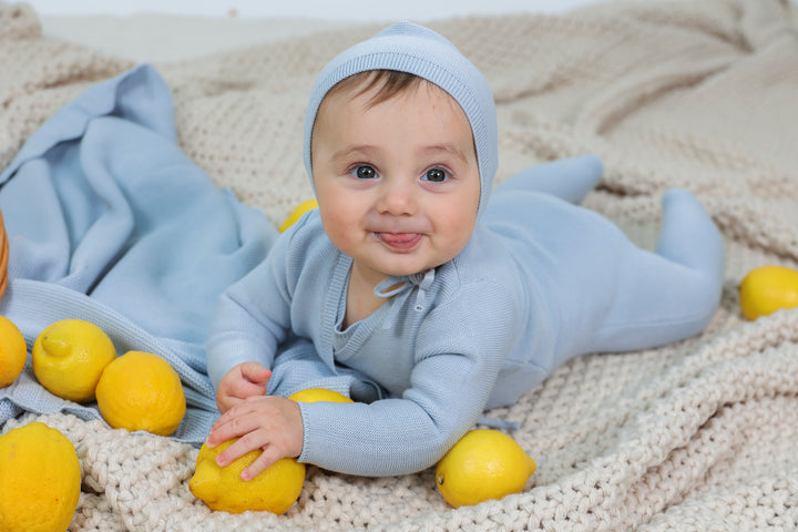one piece footie knit with wrap cardigan and bonnet - blue
