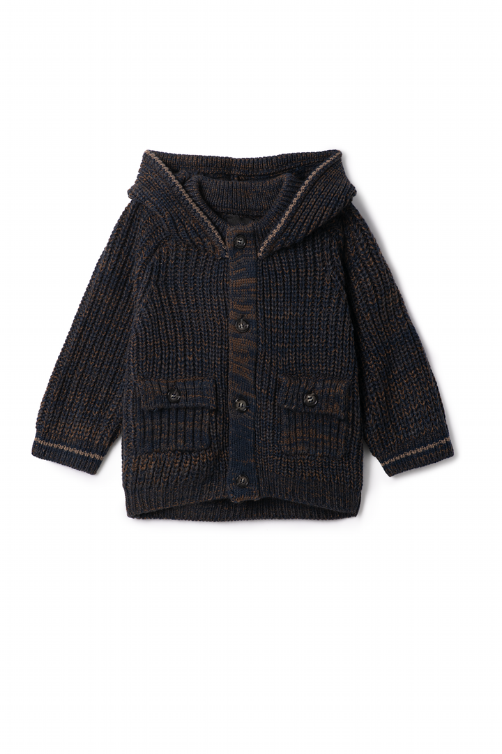 jacket chunky knit button down hooded - navy