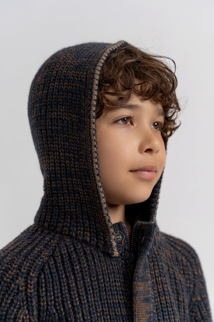 jacket chunky knit button down hooded - navy