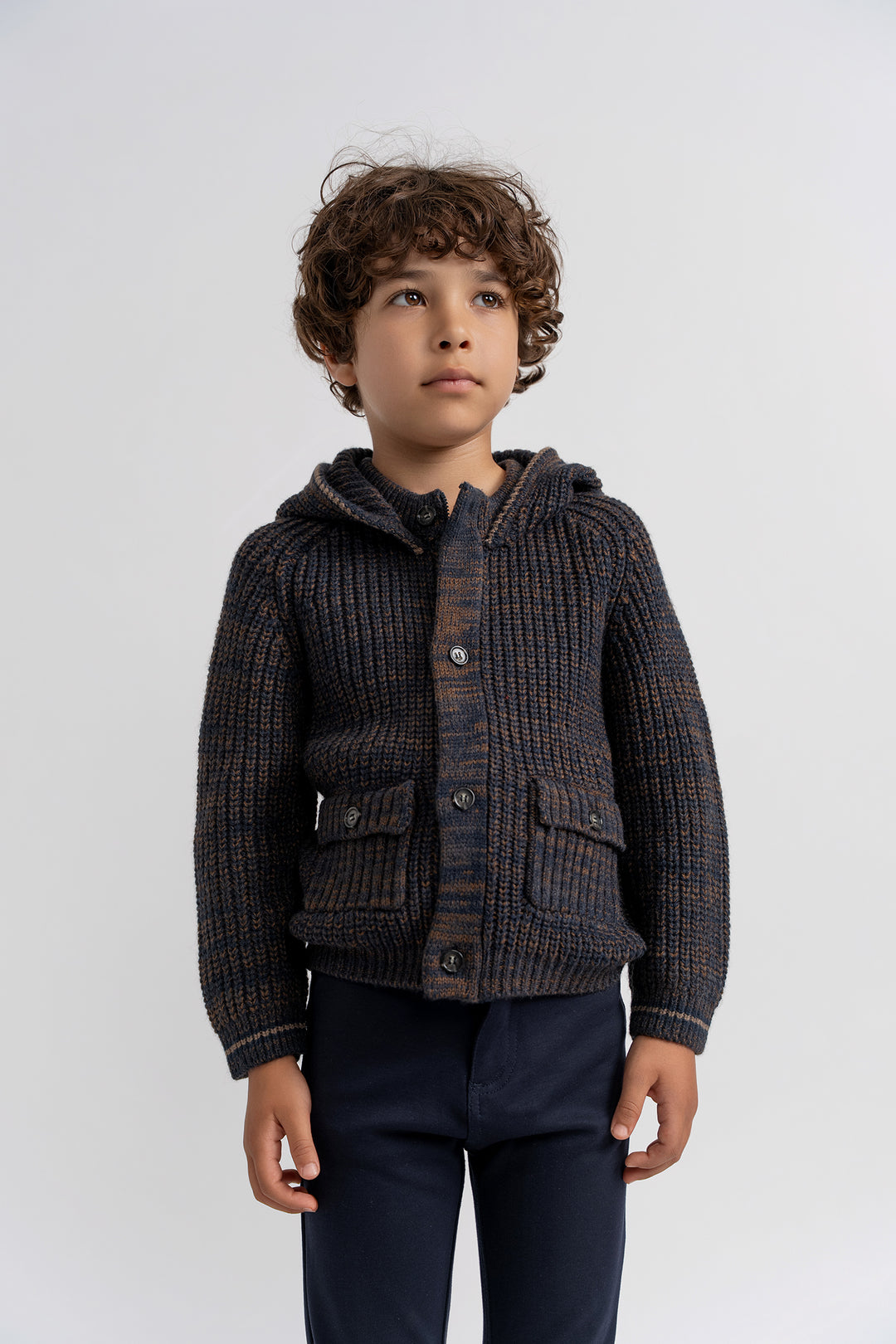 jacket chunky knit button down hooded - navy