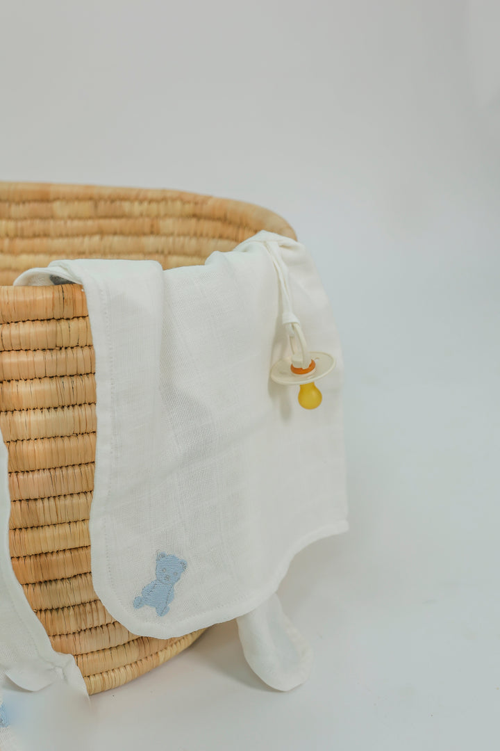 swaddle embroidered teddy gauze and lovey set - white/blue