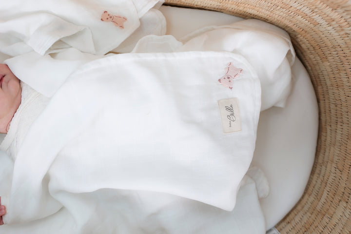 swaddle embroidered teddy gauze and lovey set - white/pink
