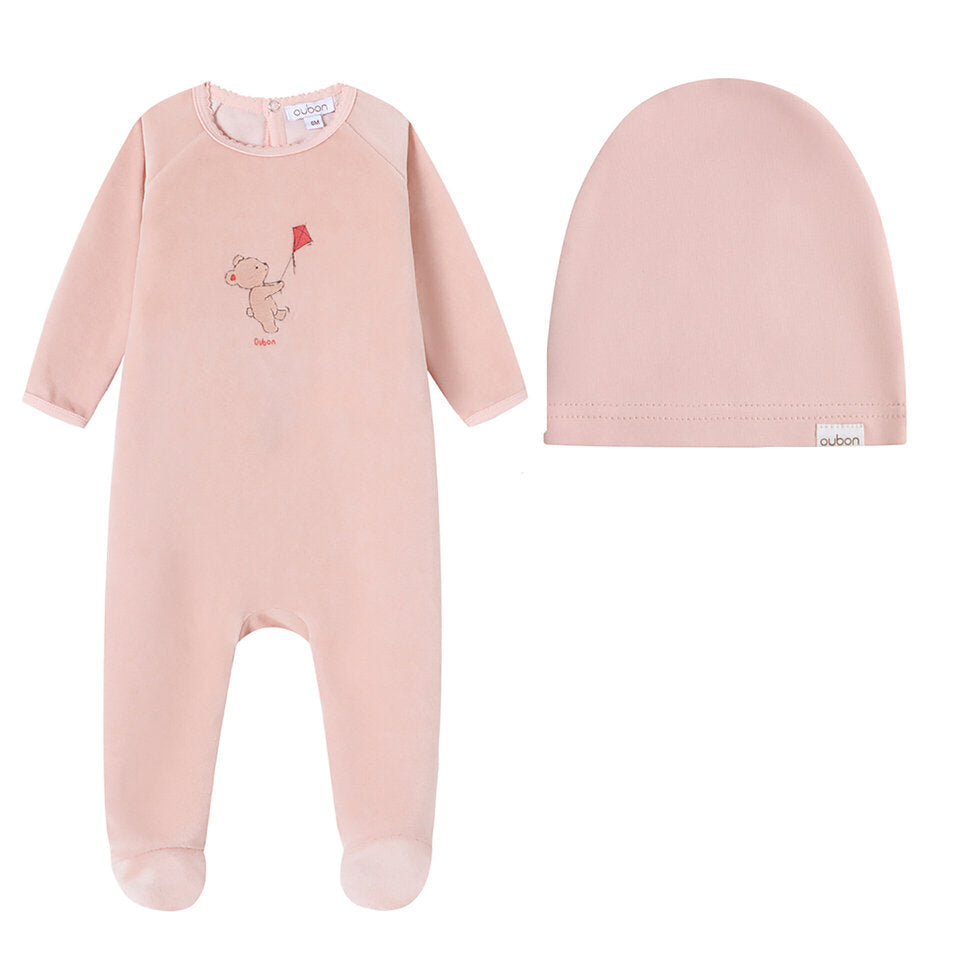 footie velour bear and kite with hat - pink