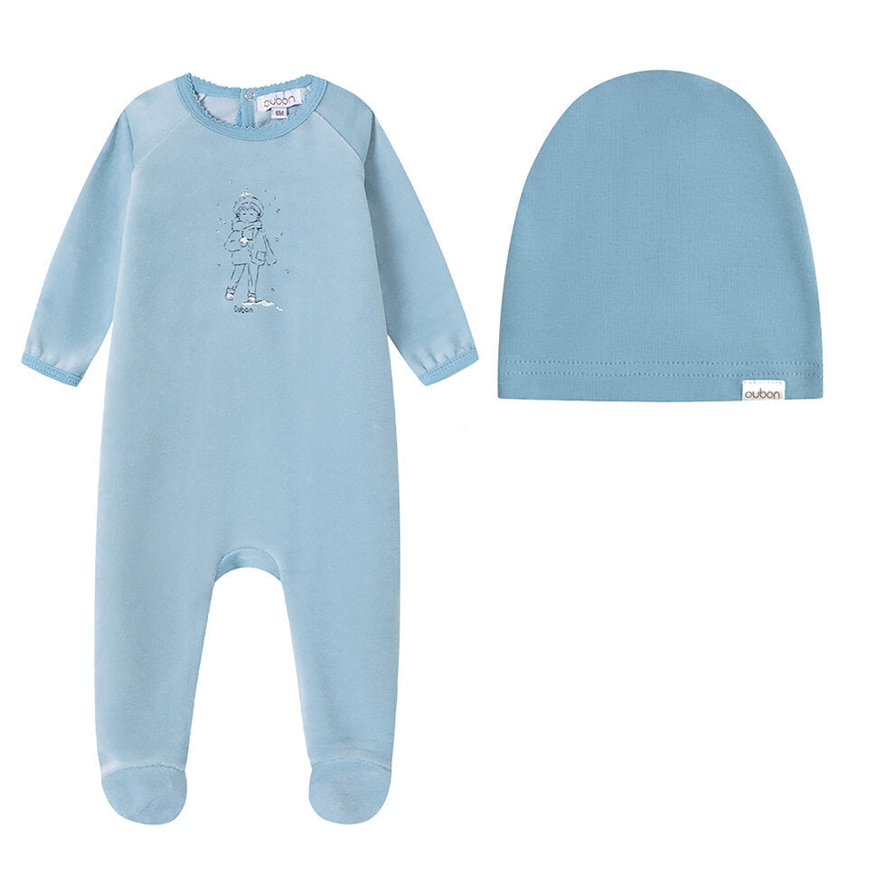 footie velour boy in the snow with hat - blue