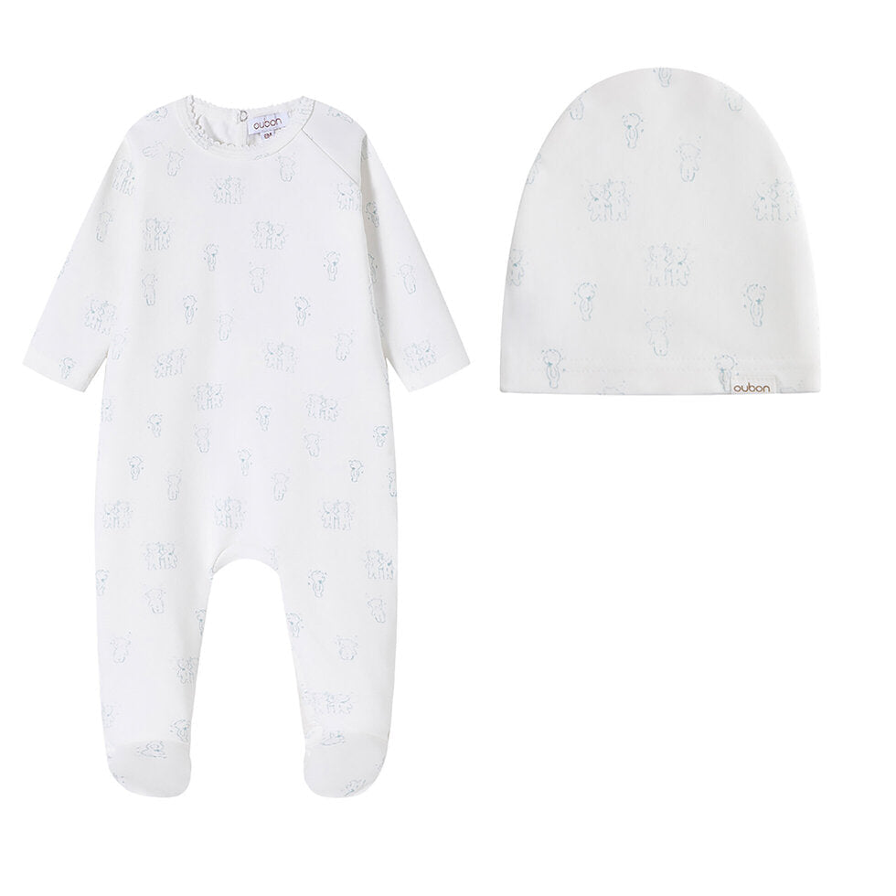 footie and hat teddy print - ivory/blue