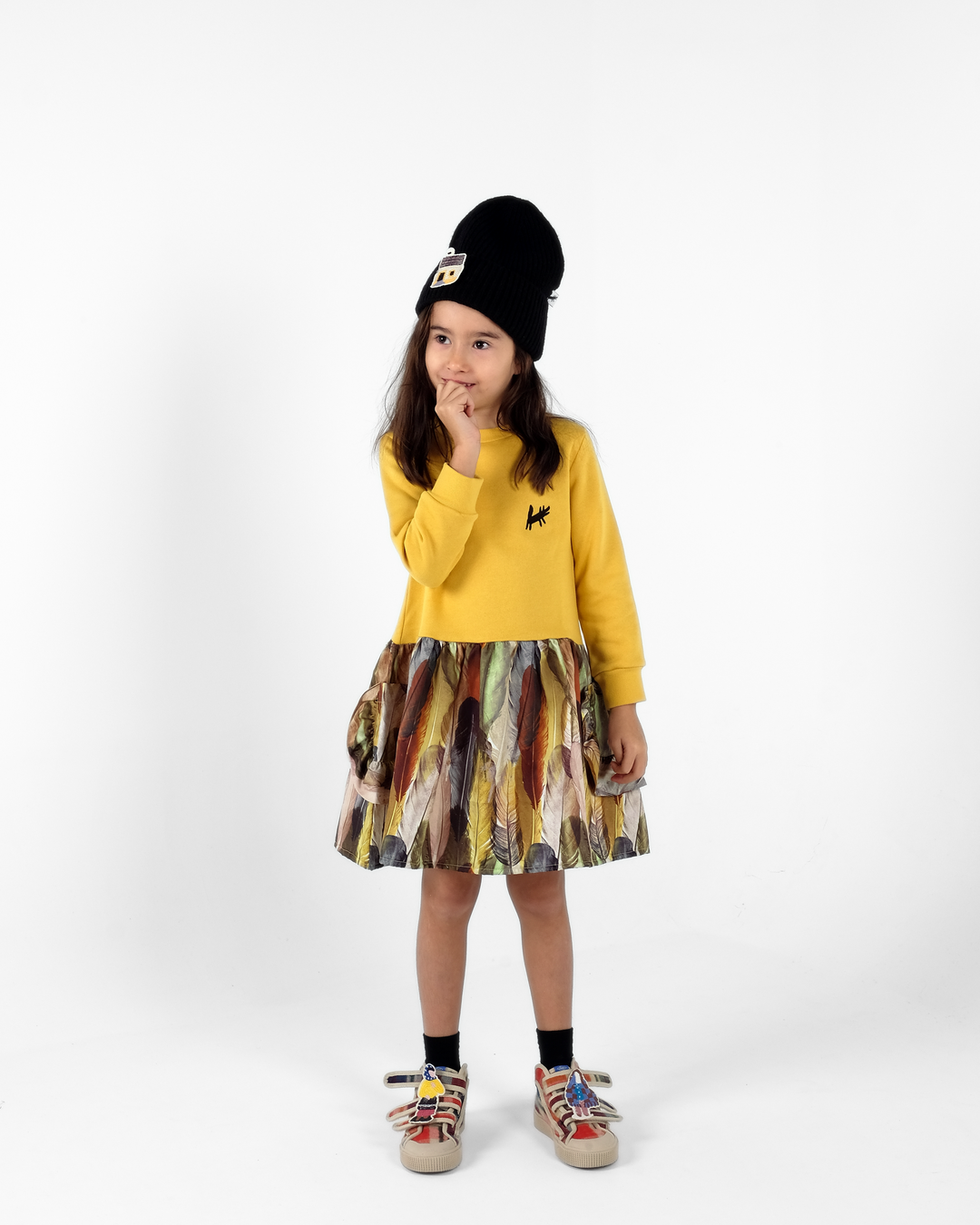 dress feather print skirt and sweater top with pockets - mercedes mostarda