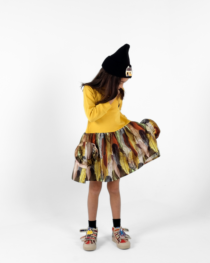 dress feather print skirt and sweater top with pockets - mercedes mostarda