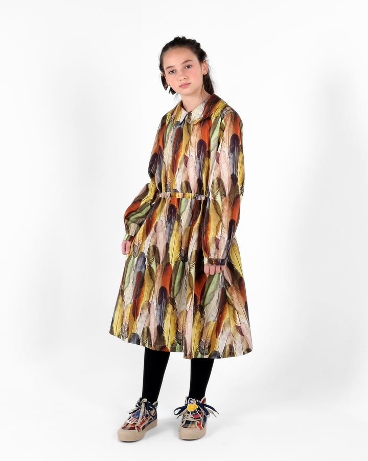 dress feather print waisted round collar - noemia indios