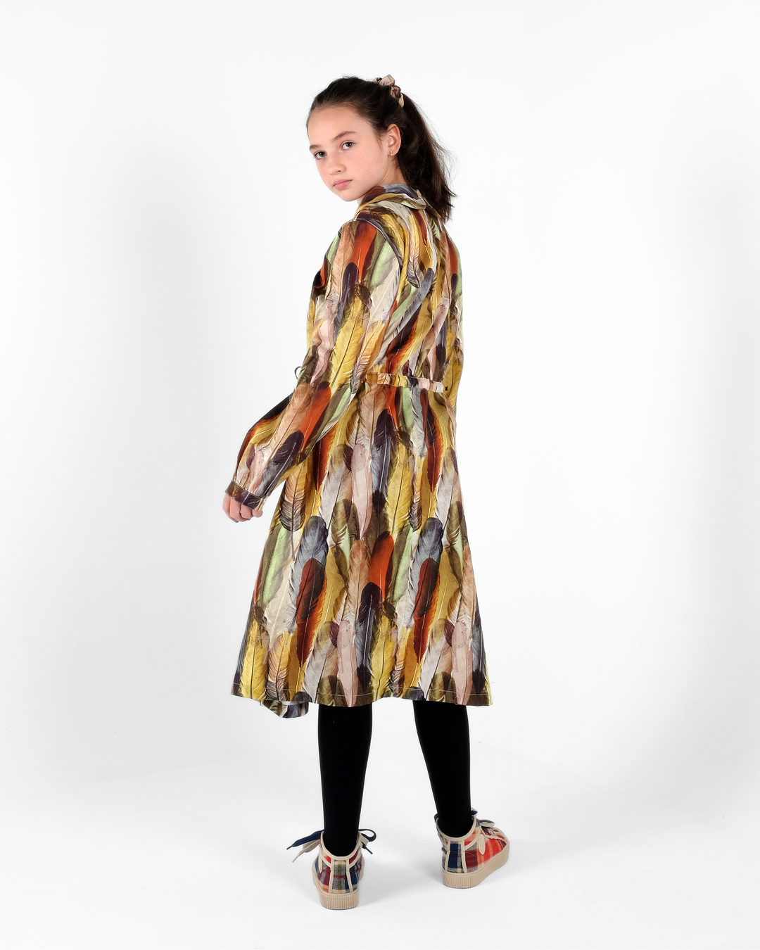 dress feather print waisted round collar - noemia indios