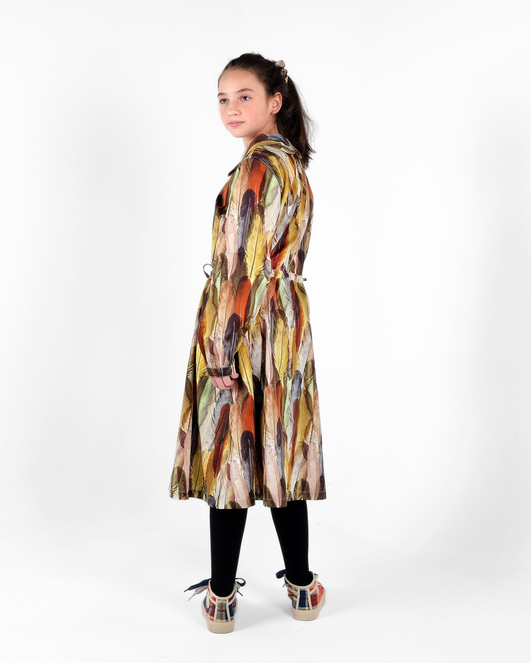 dress feather print waisted round collar - noemia indios