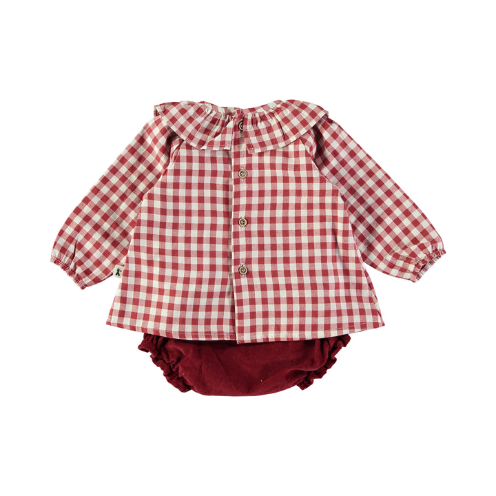 set outfit gingham flutter blouse and bloomers - red