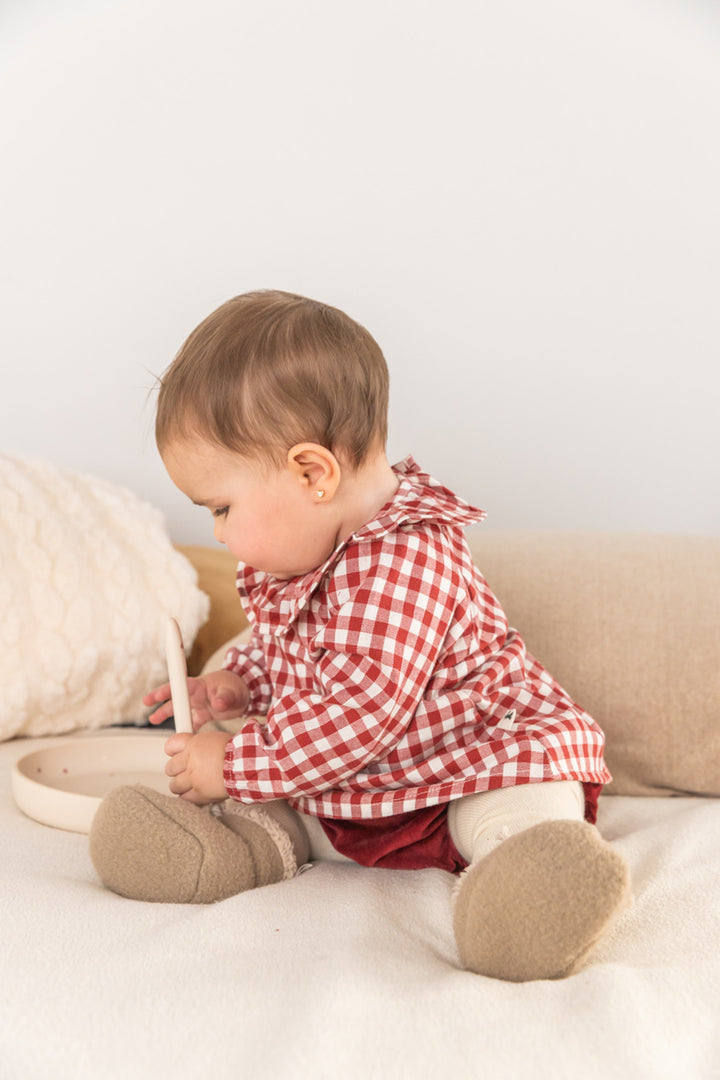 set outfit gingham flutter blouse and bloomers - red