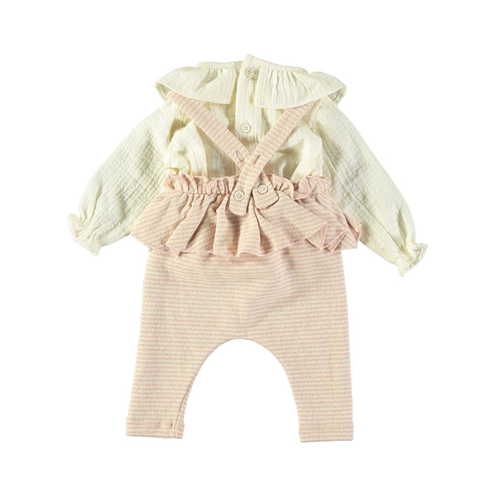 set outfit polka dot flutter blouse and suspender flutter pants - ivory/pink
