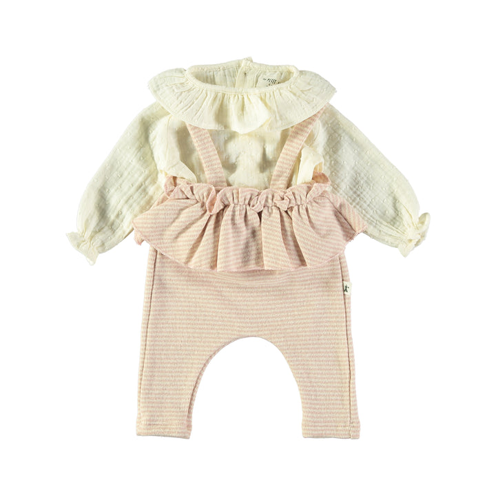 set outfit polka dot flutter blouse and suspender flutter pants - ivory/pink