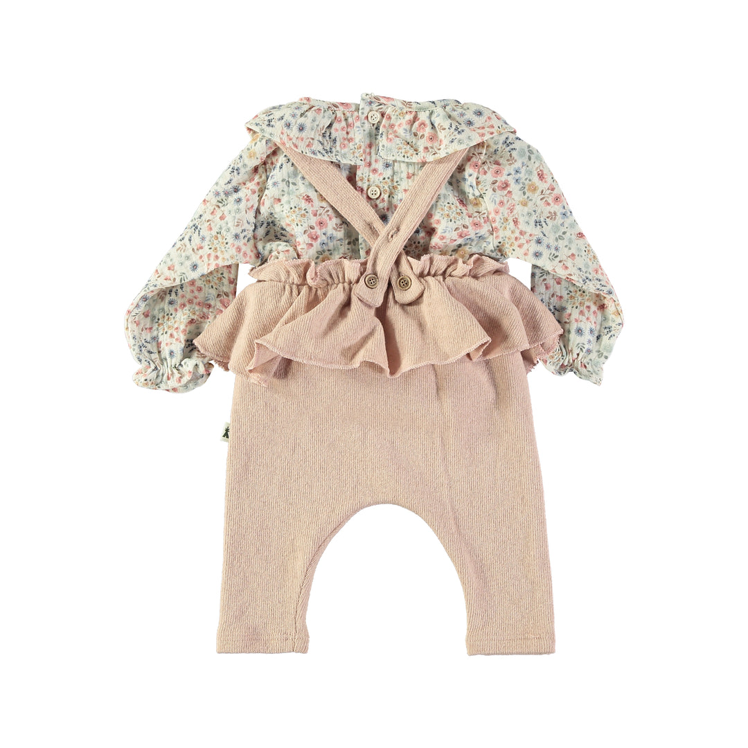 set outfit floral print flutter blouse and suspender flutter pants - pink/blue floral