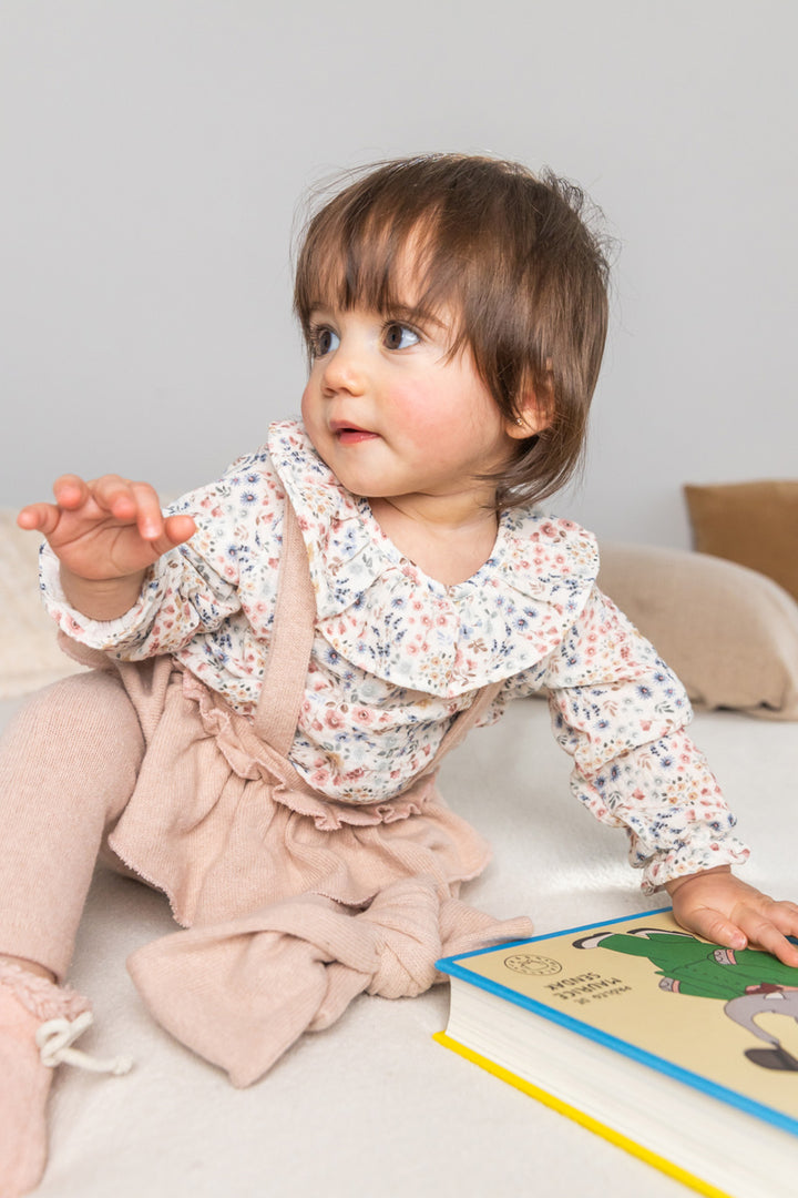 set outfit floral print flutter blouse and suspender flutter pants - pink/blue floral