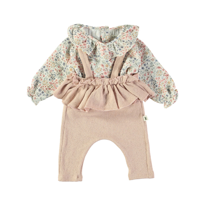 set outfit floral print flutter blouse and suspender flutter pants - pink/blue floral